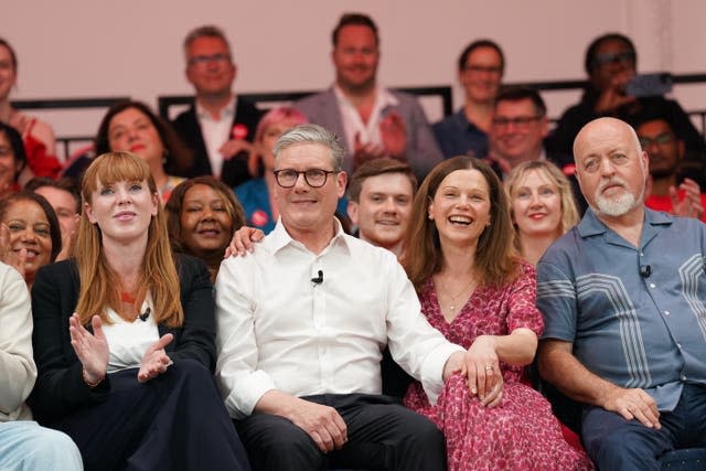 Deputy Labour leader Angela Rayner with Labour leader Sir Keir Starmer and his wife Victoria, and musician and comedian Bill Bailey