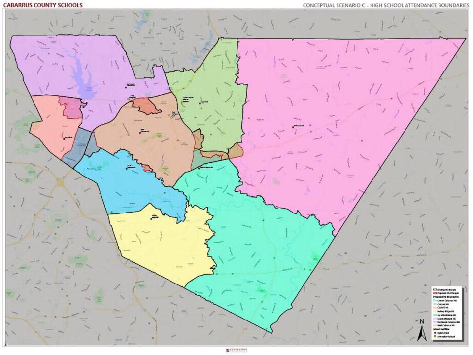 This map shows proposed changes to Cabarrus County high school boundaries under ‘scenario C,’ which was recommended to the school board on Tuesday. Areas marked with red lines show how attendance lines would change compared to the black lines where borders currently sit.