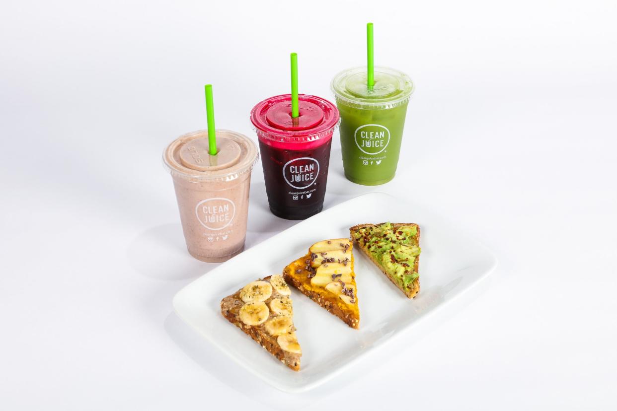 Smoothies and a selection of toasts are sold at Clean Juice locations