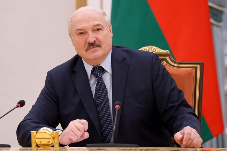 Alexander Lukashenko speaks at a meeting in Minsk, Belarus.