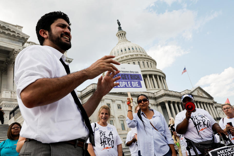 Rep. Greg Casar, D-Texas, talks to supporters during the sixth hour of a thirst strike outside the U.S. Capitol, July 25, 2023. / Credit: JONATHAN ERNST / REUTERS