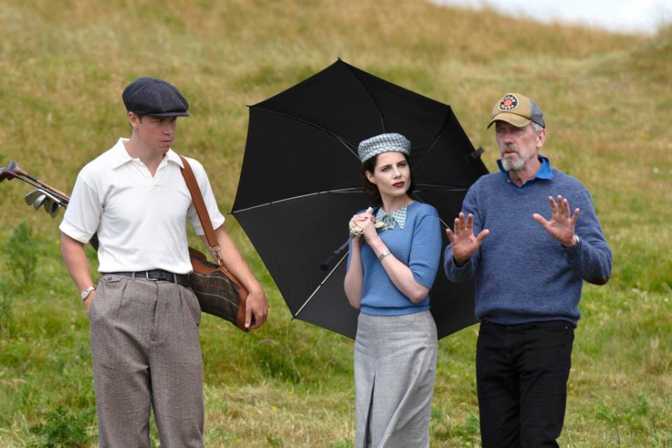 Will Poulter and Lucy Boynton get direction from Hugh Laurie on the set of ‘Why Didn’t They Ask Evans?’ (Mammoth Screen/Agatha Christie Limited)