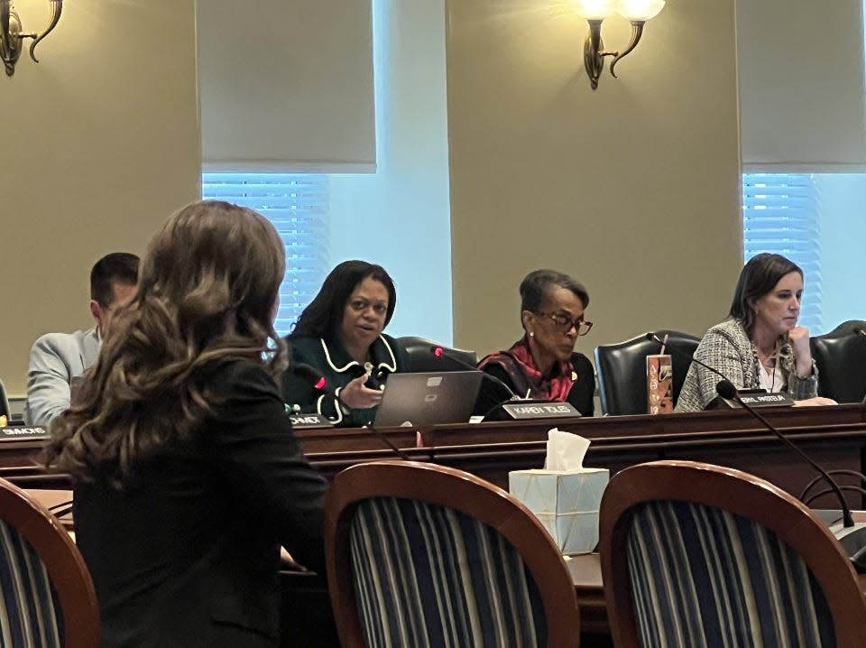 State Del. Karen Toles, D-Prince George's, asks a question of state Sen. Paul Corderman's legislative director during a House Judiciary Committee bill hearing in Annapolis on March 29, 2024.