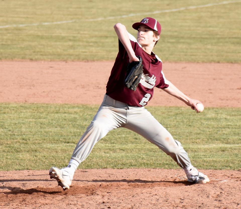 Angelo DeSarro winds up to throw a pitch for Frankfort-Schuyler Wednesday. The sophomore left-hander pitched a no-hitter in the Maroon Knights' season-opener against the Herkimer Magicians.