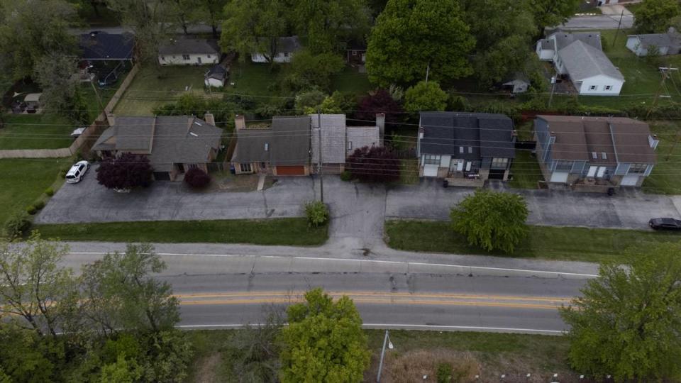 This drone photo shows four duplexes, also known as villas, with eight units that are part of a complex on Foley Drive in Belleville.
