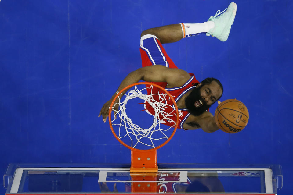 FILE - Philadelphia 76ers' James Harden goes up for shot during the first half of an NBA basketball game against the New York Knicks, Wednesday, March 2, 2022, in Philadelphia. The NBA's free agency period opens Thursday night, June 30, 2022, with teams and players finally free to negotiate new deals. (AP Photo/Matt Slocum, File)