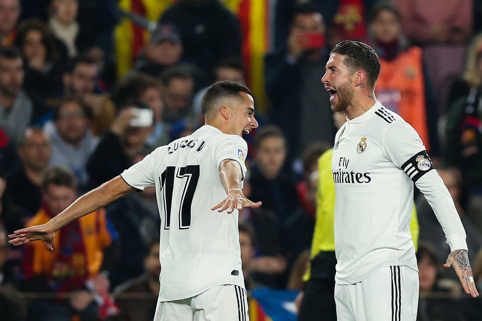 Lucas Vazquez (left), Sergio Ramos and Real Madrid left the Nou Camp with an away goal, the latest positive step in a season that’s turned around over the past few months. (Getty)