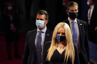 Tiffany Trump, Donald Trump Jr. and Eric Trump arrive before the first presidential debate Tuesday, Sept. 29, 2020, at Case Western University and Cleveland Clinic, in Cleveland, Ohio. (AP Photo/Julio Cortez)