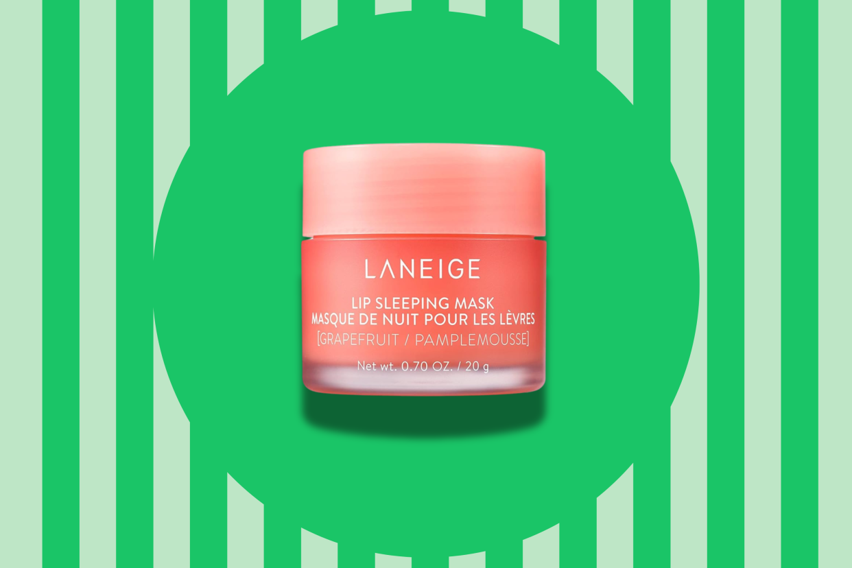 The Laneige Lip Sleeping Mask on a green striped background