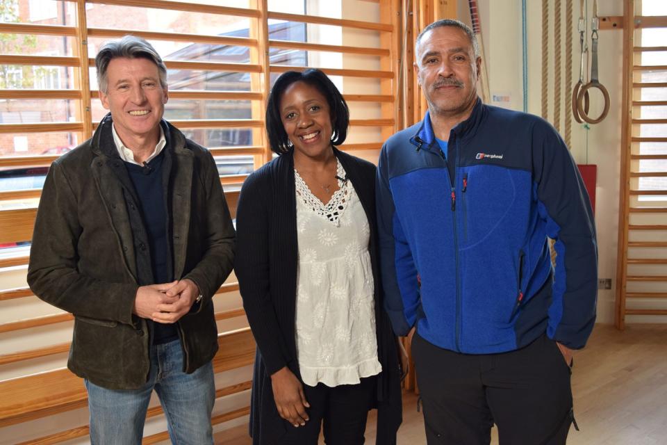 Pictured: The founder of charity Track Academy, Connie Henry (centre), with Lord Sebastian Coe (left) and Daley Thompson CBE (right) at Daley Thompson’s gym (Daley Fitness) in Putney, London (Golden Egg Innovation)