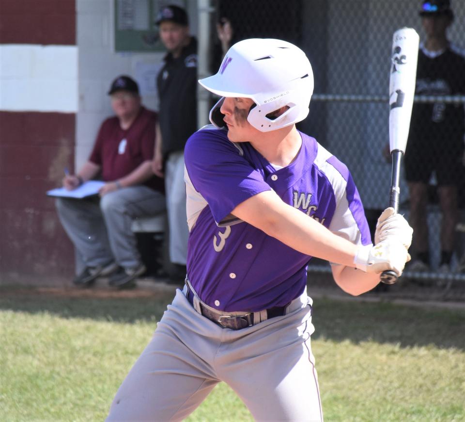 West Canada Valley Indian Sean Burdick starts his swing in the eighth inning Saturday against Frankfort-Schuyler. Burdick tripled on the play and drove in the tie-breaking run in an eventual 11-7 West Canada Valley victory.