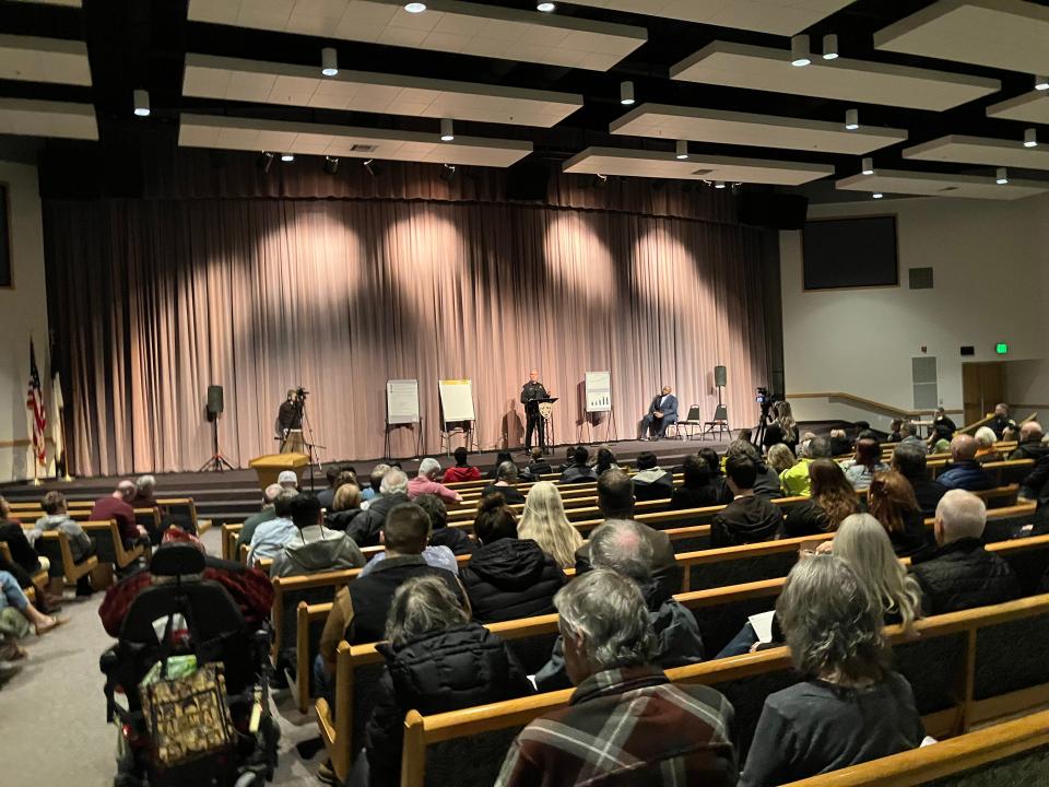 Salem Police Chief Trevor Womack introduces the Community Violence Reduction Initiative to a crowd at the East Salem Community Center in Salem on March 6.