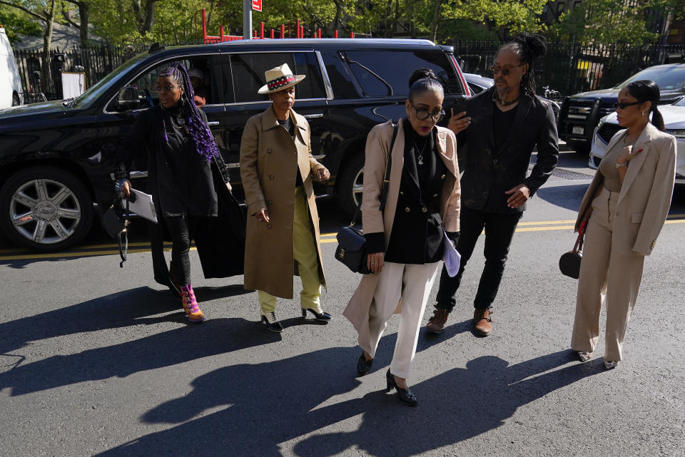 Kathryn Townsend Griffin, center, daughter of singer and songwriter Ed Townsend, arrives at New York federal court before the start of a copyright infringement trial against singer Ed Sheeran, Tuesday, April 25, 2023, in New York. (AP Photo/Seth Wenig)