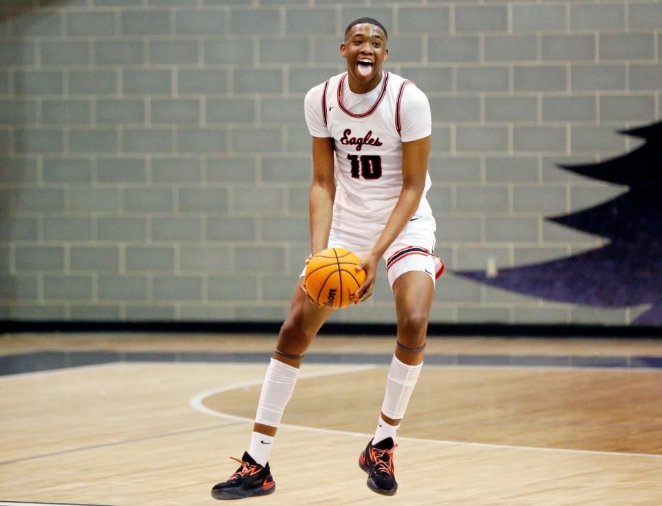 Del City’s Brandon Garrison celebrates after a 5A boys area final between Midwest City and Del City at Edmond North High School in Edmond, Okla., Friday, March 4, 2022. 