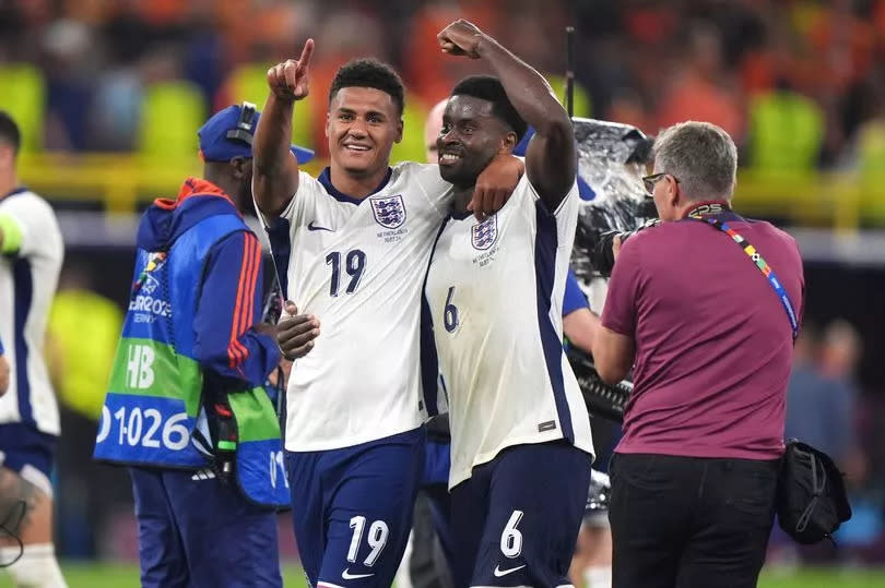 England's Ollie Watkins and Marc Guehi celebrate following the UEFA Euro 2024, semi-final match