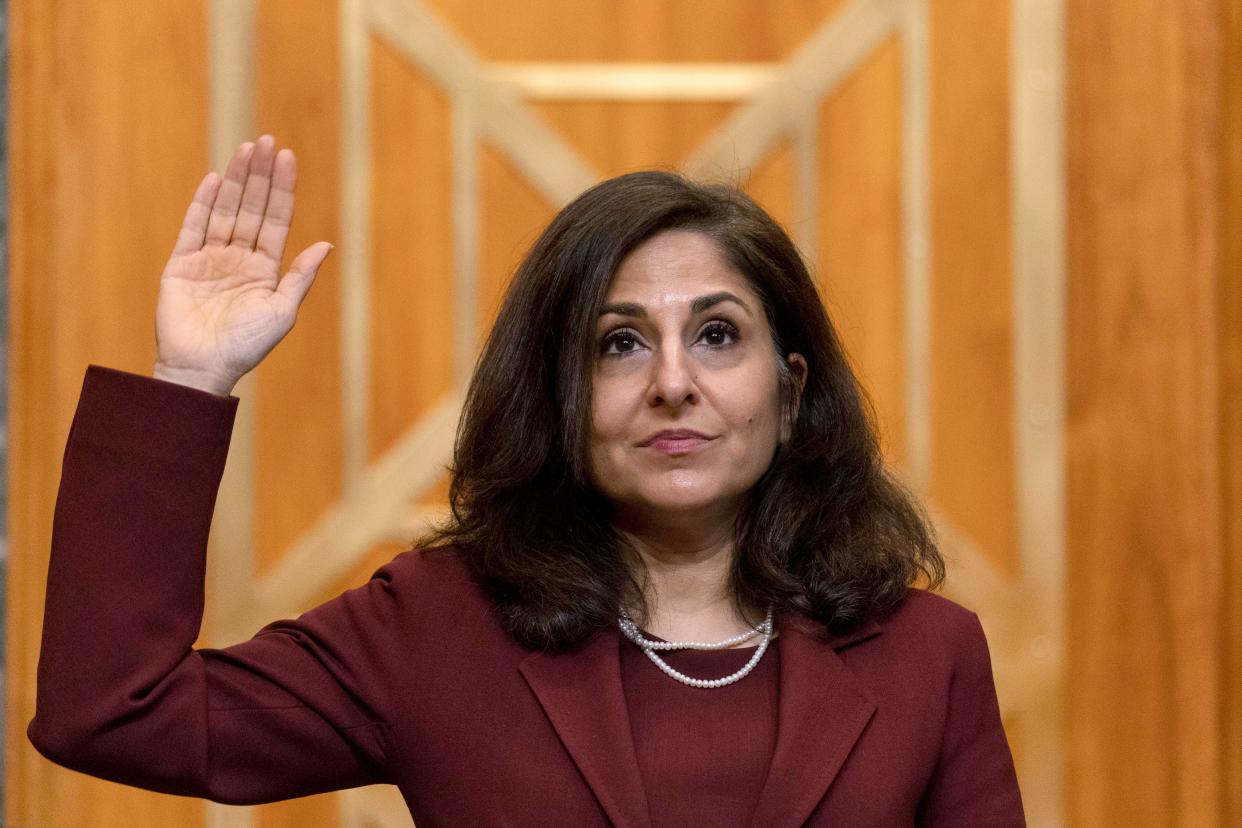 Neera Tanden, nominee for director of the Office of Management and Budget, is sworn in before she testifies Feb. 10 before a Senate committee. (Photo: ANDREW HARNIK/POOL/AFP via Getty Images)