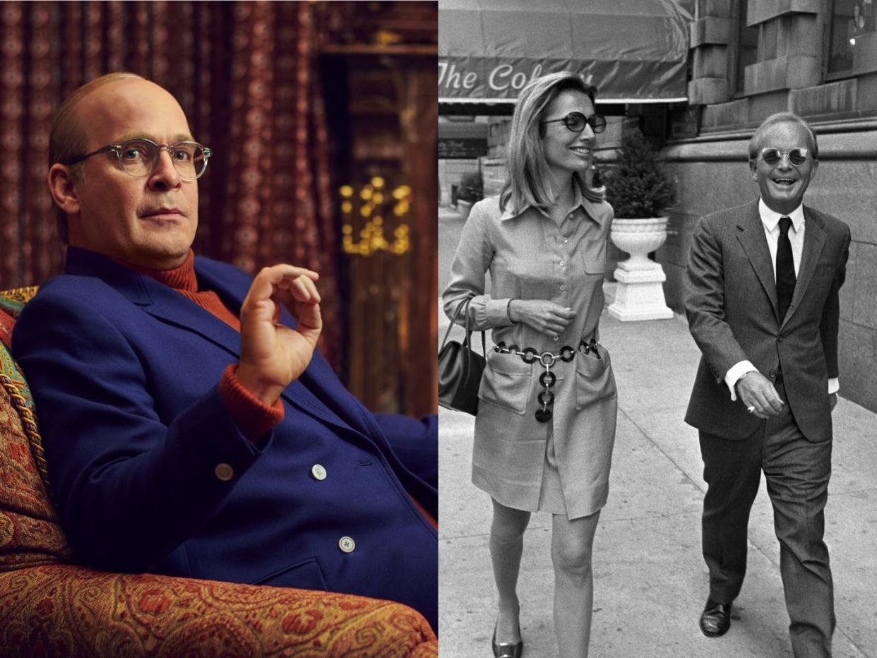 Tom Hollander (left) portrays Truman Capote in "Feud: Capote vs. The Swans," who is pictured (right) with socialite Lee Radziwill.