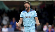 Liam Plunkett celebrates the dismissal of New Zealand's captain Kane Williamson. (AP Photo/Aijaz Rahi)