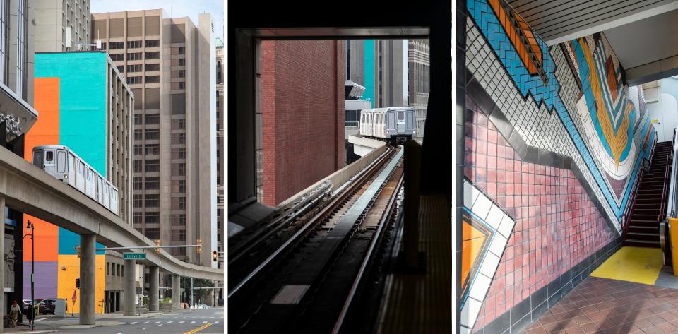 LEFT: A Detroit People Mover approaches the Fort/Cass station in downtown Detroit on Wednesday, Oct. 4, 2023. CENTER: A Detroit People Mover approaches the Huntington Place station. RIGHT: In honor of W. Hawkins Ferry made by Tom Phardel and Pewabic Pottery in 1987 at Detroit People Mover Times Square station.