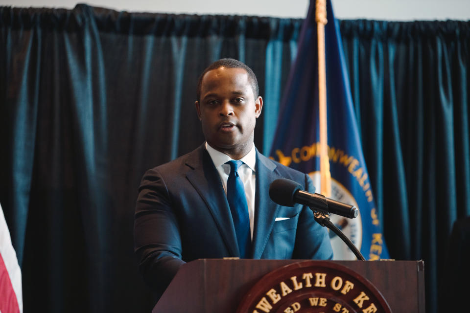 Kentucky Attorney General Daniel Cameron speaks during a press conference on Sept. 23, 2020 in Frankfort, Ky. (Jon Cherry/Getty Images)