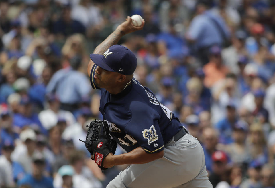 Milwaukee Brewers starting pitcher Junior Guerra throws against the Chicago Cubs during the first inning of a baseball game Wednesday, Aug. 15, 2018, in Chicago. (AP Photo/Nam Y. Huh)