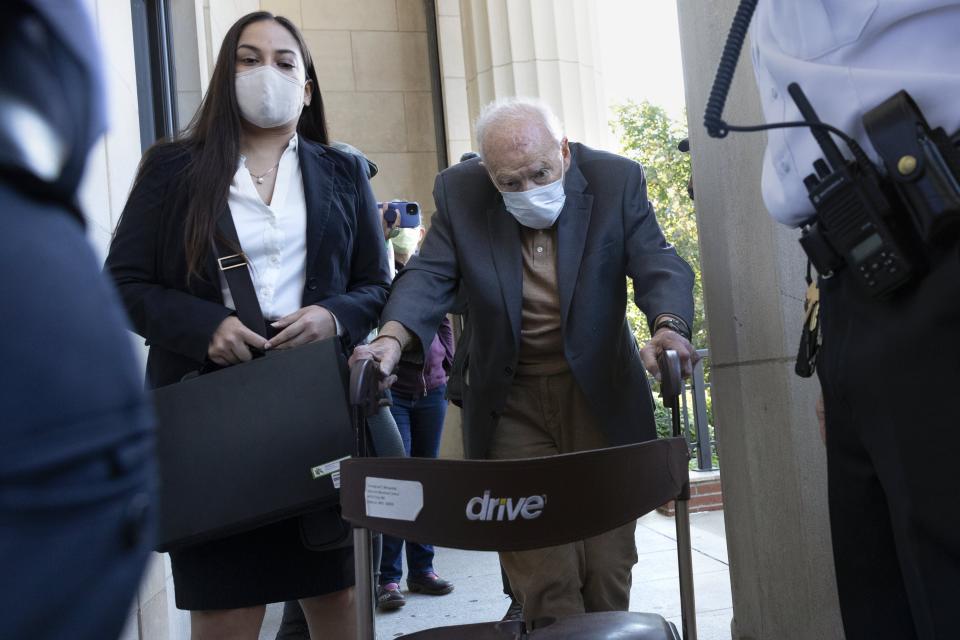 Former Cardinal Theodore McCarrick arrives at Dedham District Court, Friday, Sept. 3, 2021, in Dedham, Mass. McCarrick, the once-powerful American prelate who was expelled from the priesthood for sexual abuse, pleaded not guilty Friday to sexually assaulting a 16-year-old boy during a wedding reception in Massachusetts nearly 50 years ago. (AP Photo/Michael Dwyer)