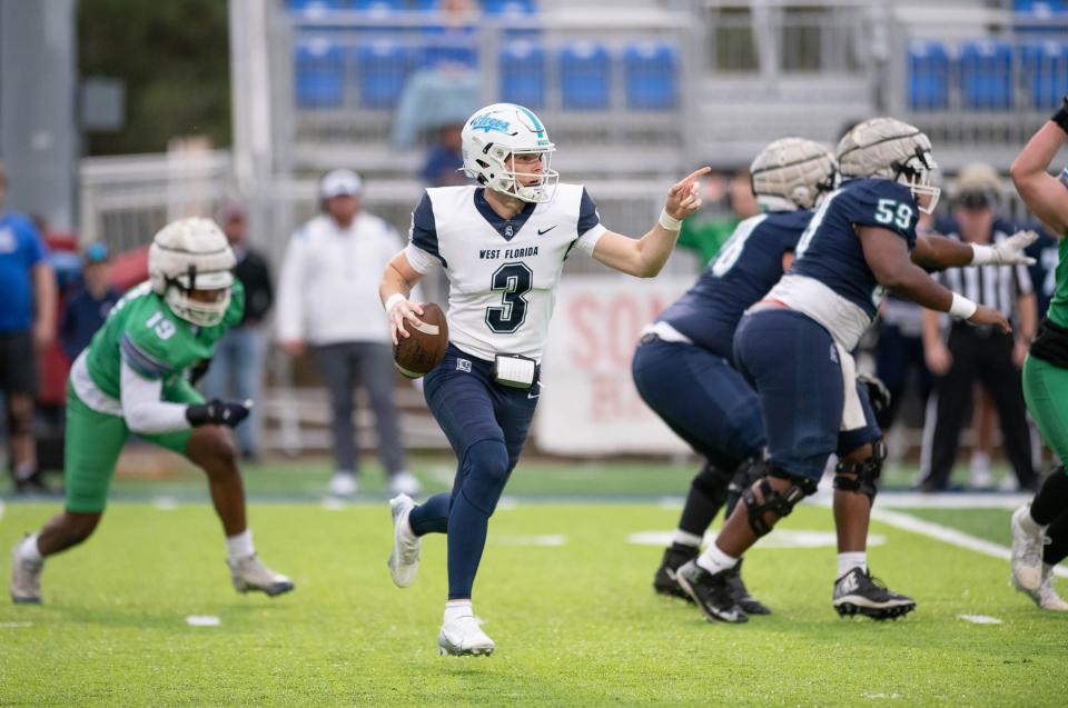 Quarterback Marcus Stokes (3) directs his receivers while looking to pass during the Spring football game at the University of West Florida in Pensacola on Thursday, March 21, 2024.