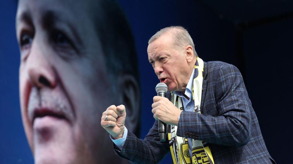 Turkish President Recep Tayyip Erdoğan delivers a speech during an election campaign rally in Ankara on April 30, 2023. (Adem Altan/AFP via Getty Images)