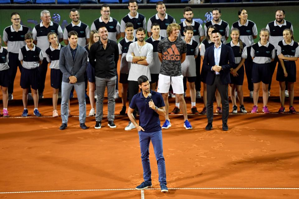 Novak Djokovic (pictured front) gives a speech after the final match between Dominic Thiem and Filip Krajinovic at the Adria Tour.