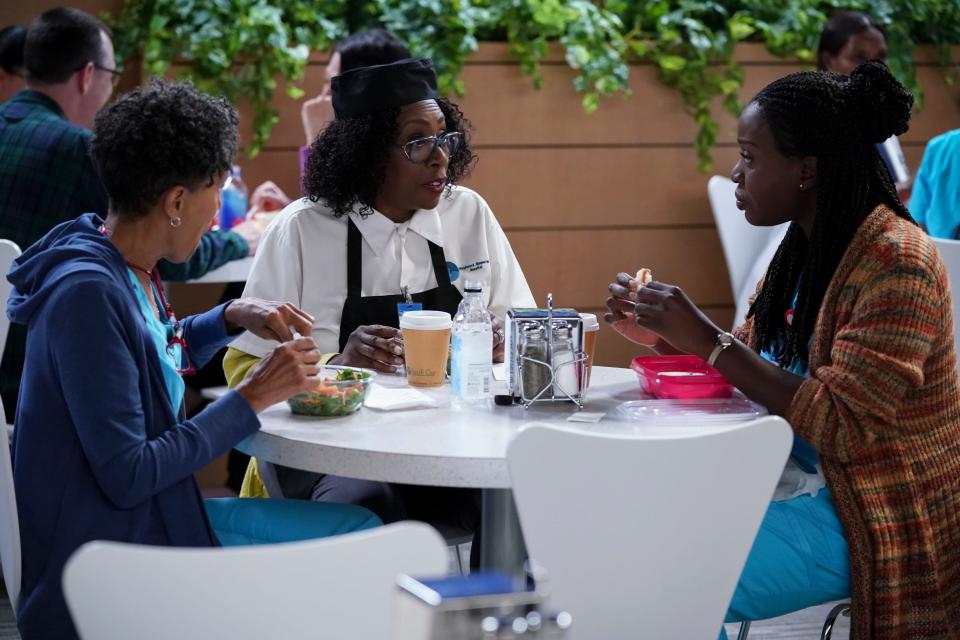 Vernee Watson as Gloria, Gina Yashere as Kemi  and Folake Olowofoyeku as Abishola in "Bob Hearts Abishola."