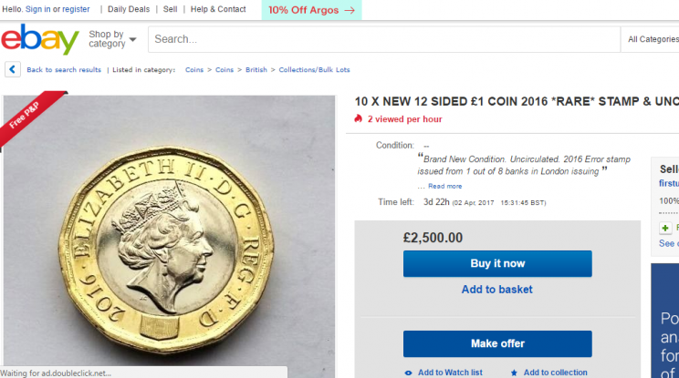 One seller is offering 10 new £1 coins for £2,500 (eBay)