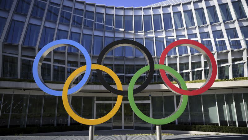 Olympic rings are pictured in front of the Olympic House, headquarters of the International Olympic Committee, at the opening of the executive board meeting of the International Olympic Committee in Lausanne, Switzerland, Tuesday, March 28, 2023.