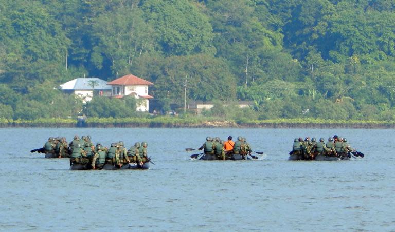 Indonesian troops conduct security exercise around Nusakambangan maximum security prison island, seen in the background, off central Java island, on April 24, 2015