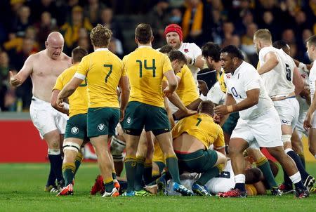 Rugby Union - Rugby Test - England v Australia's Wallabies - Melbourne, Australia - 18/06/16. England's Dan Cole loses his jersey during a fight with Australian players in the first half. REUTERS/Brandon Malone