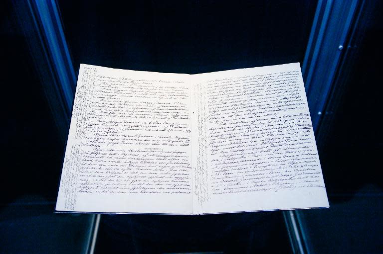 The last will and testament of Alfred Nobel is displayed at the Nobel Museum in the Old Town of Stockholm on March 17, 2015