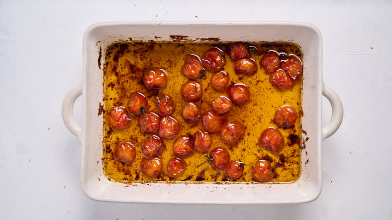 roasted tomatoes in baking dish
