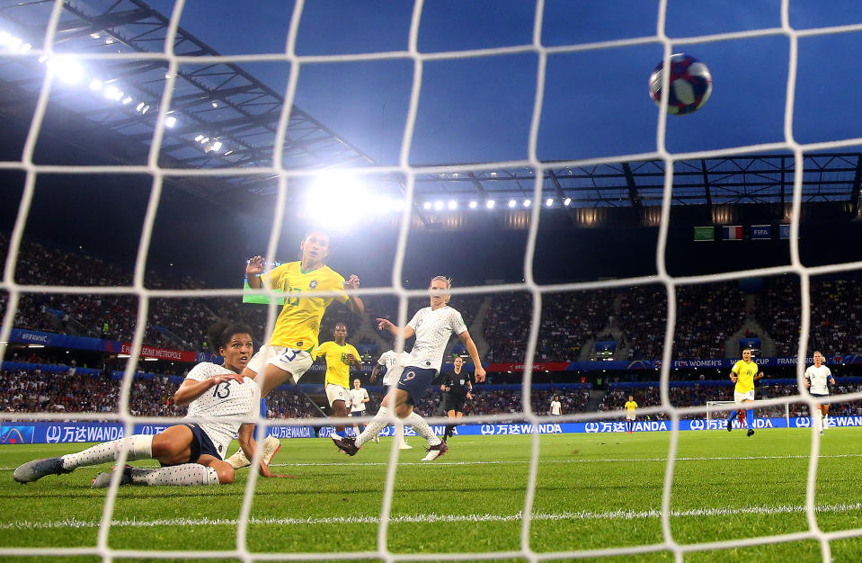 Valerie Gauvin of France scores her team's first goal during the 2019 FIFA Women's World Cup France Round Of 16 match between France and Brazil at Stade Oceane on June 23, 2019 in Le Havre, France. (Photo by Alex Grimm/Getty Images)