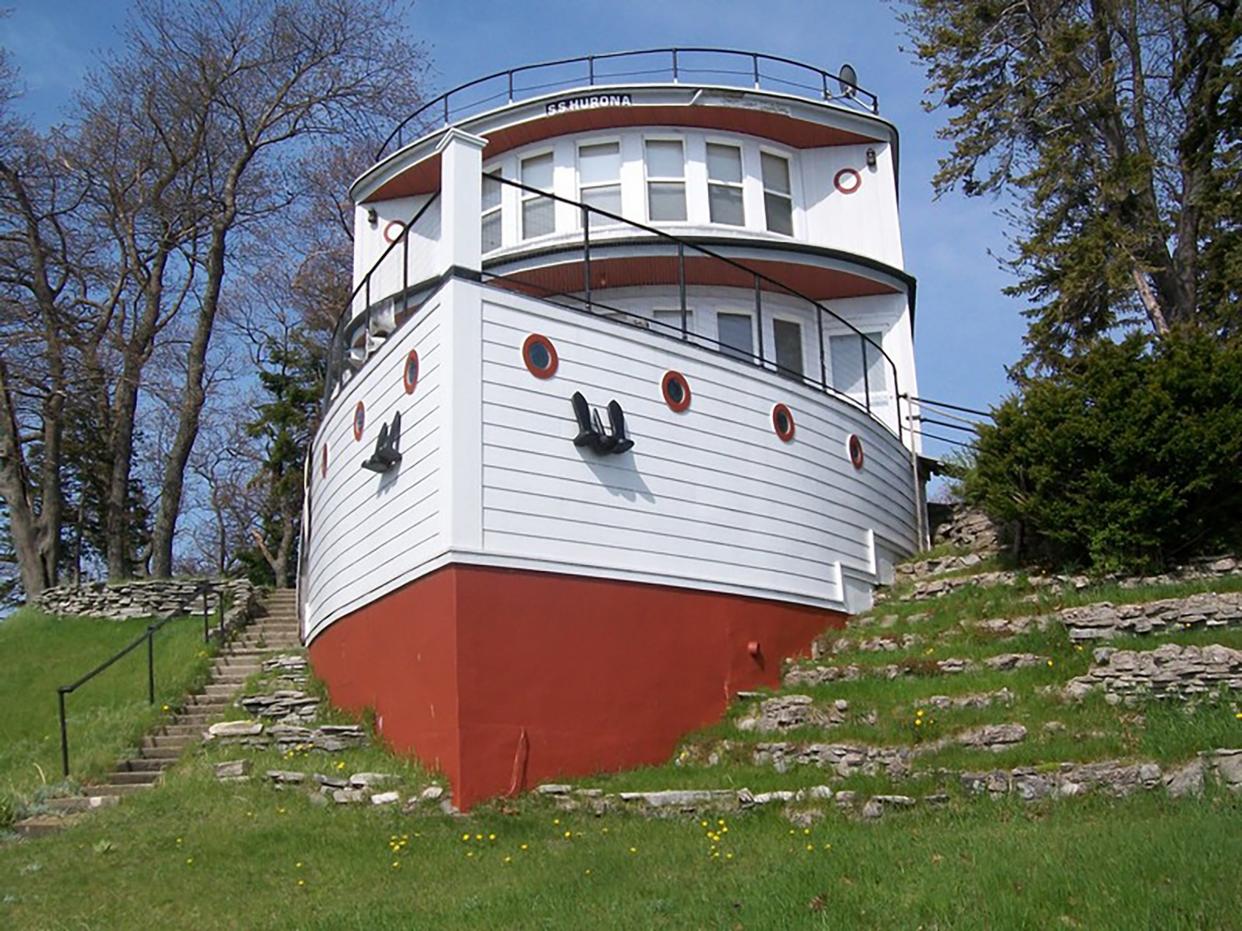 The front view of a home dubbed the S.S. Hurona on Point Lookout in Au Gres. The house, at 5629 E Augres Ave., has long been an area landmark, Kempf said. It's 2,633 square feet, with 5 bedrooms and 2½ bathrooms. And it looks so much like a boat that its room have been referred to by its owners in nautical terms.