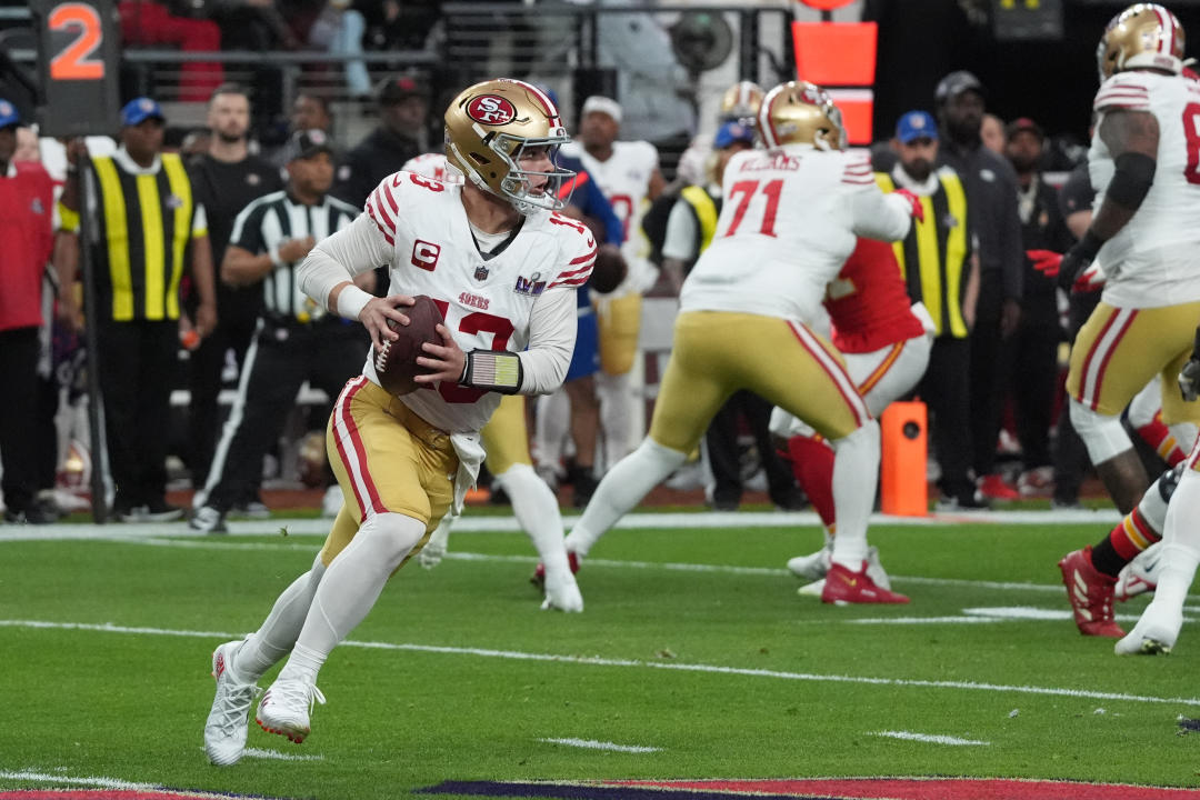 San Francisco 49ers' quarterback #13 Brock Purdy looks to pass the ball during Super Bowl LVIII between the Kansas City Chiefs and the San Francisco 49ers at Allegiant Stadium in Las Vegas, Nevada, February 11, 2024. (Photo by TIMOTHY A. CLARY / AFP) (Photo by TIMOTHY A. CLARY/AFP via Getty Images)