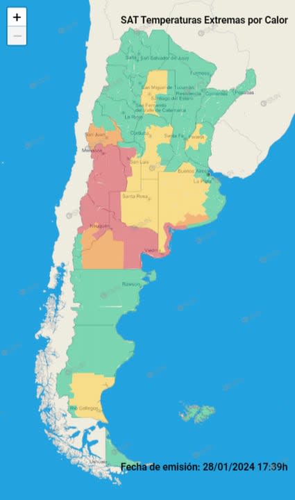 Alerta que emitió este lunes 29 de enero el Servicio Meteorológico Nacional por temperaturas extremas