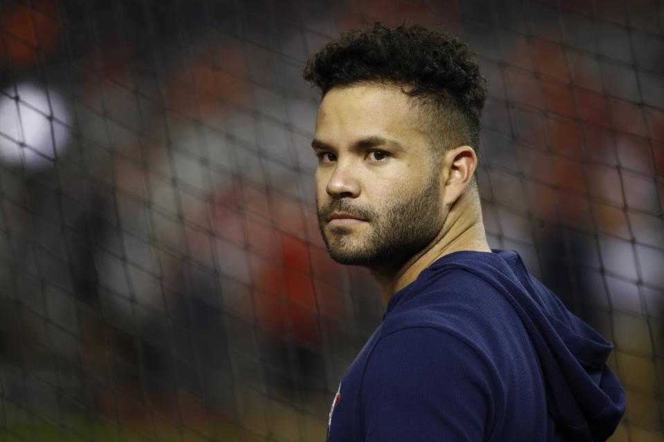 Houston Astros' Jose Altuve is seen during batting practice before Game 5 of the baseball World Series against the Washington Nationals Sunday, Oct. 27, 2019, in Washington. (AP Photo/Patrick Semansky)