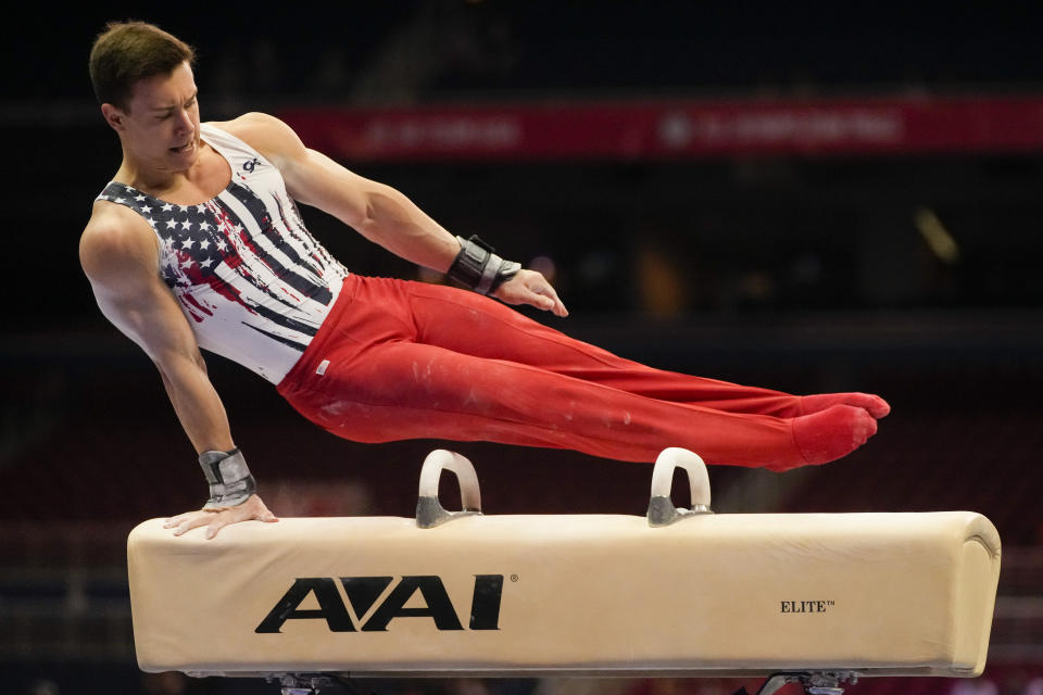 Brody Malone competes on the pommel horse during the men's U.S. Olympic Gymnastics Trials Saturday, June 26, 2021, in St. Louis. (AP Photo/Jeff Roberson)