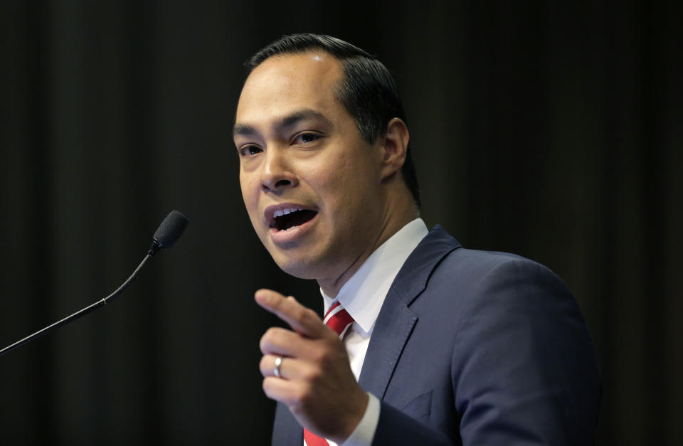 Democratic presidential candidate Julian Castro speaks during the National Action Network Convention in New York, Wednesday, April 3, 2019. (AP Photo/Seth Wenig)