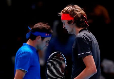 Tennis - ATP Finals - The O2, London, Britain - November 17, 2018 Germany's Alexander Zverev and Switzerland's Roger Federer during their semi final match Action Images via Reuters/Andrew Couldridge
