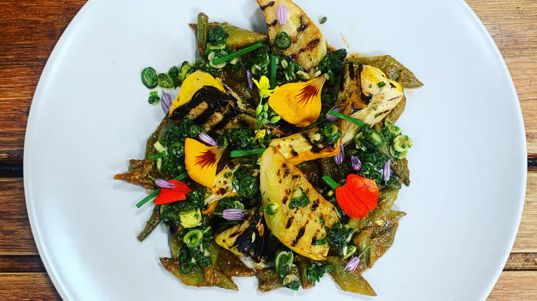 grilled squash salad, edible flowers