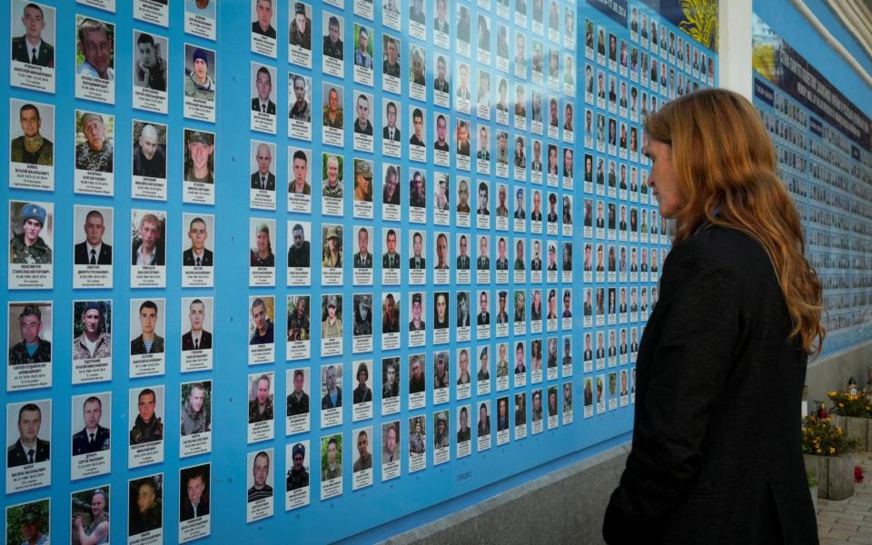 USAID administrator Samantha Power visits the Memorial Wall of Fallen Defenders of Ukraine in Russian-Ukrainian War in Kyiv - REUTERS