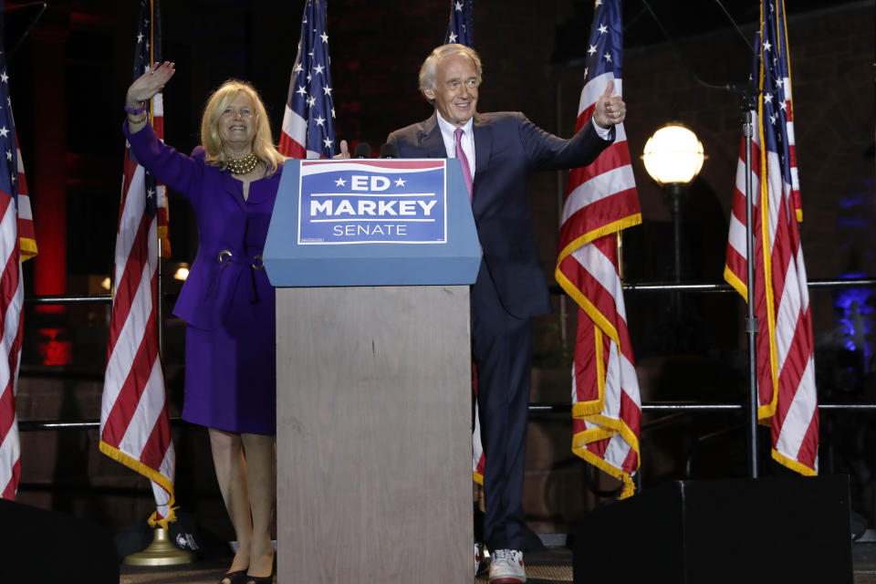 Incumbent U.S. Sen. Edward Markey and wife Susan, left, celebrate in Malden, Mass., after defeating U.S. Rep. Joe Kennedy III on Tuesday, Sept. 1, 2020, in the Massachusetts Democratic Senate primary. (AP Photo/Michael Dwyer)