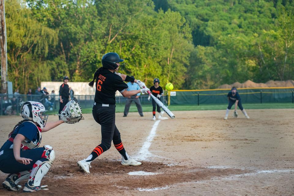 Marlboro's Emily Hile connects on a pitch against Pine Plains during the MHAL softball final on May 13, 2024.