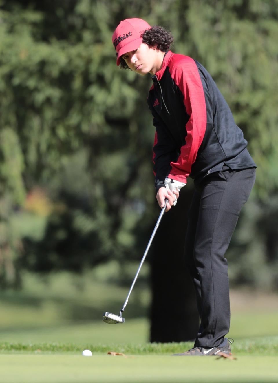 McKinley’s Carter Demetro putts on hole 5 at the Division I sectional tournament at Tannenhauf Golf Club Tuesday, October 4, 2022.