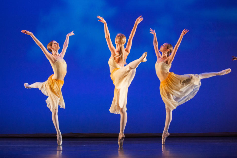 From left, Amy Wood, Victoria Hulland and Christine Windsor in a scene from a past Sarasota Ballet production of Christopher Wheeldon’s “The American.”